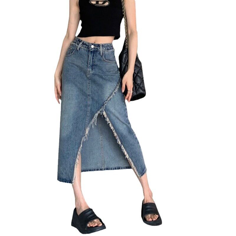 Irregular Hem Denim Skirt for Women High Waist Split Design Fringe Detail A Line Silhouette Summer Casual Wear