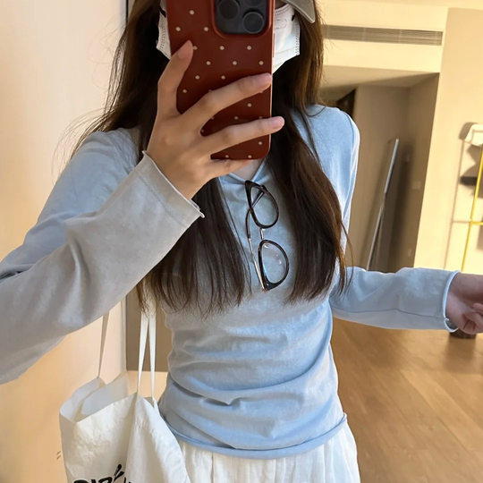 Light Blue Curled Long-Sleeved T-Shirt for Women 2025 Spring New Sun Protection Blouse Korean Summer Thin Bottoming Top
