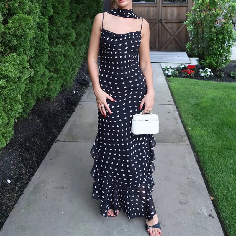 Summer Womens Dress Sleeveless Ruffled Hem Polka Dot Scarf Neck Elegant Casual Wear Wholesale Available