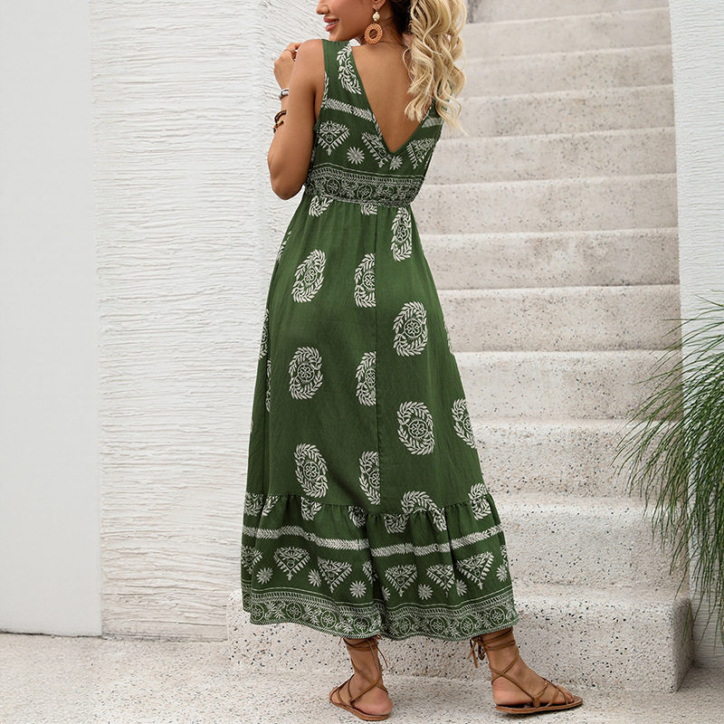 Sleeveless Bohemian Print Dress Vacation Style Adjustable Straps Comfortable Fabric Wholesale Available