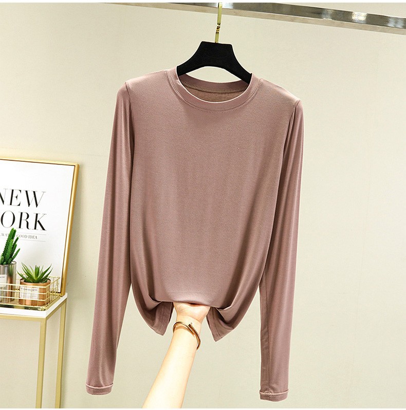 莫代尔打底衫女春秋圆领t恤宽松韩版洋气薄款上百搭长袖大码显瘦