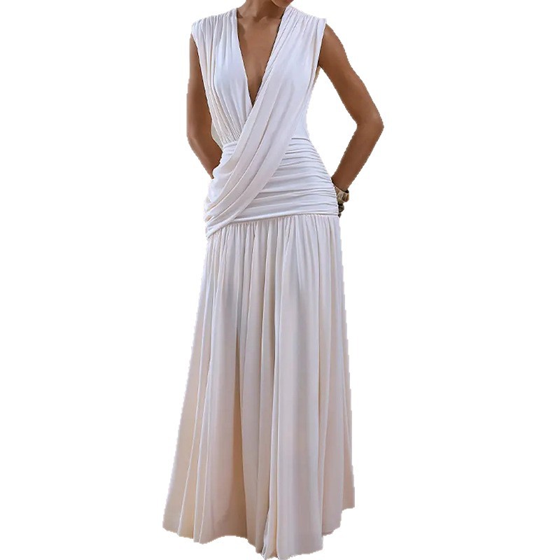 Womens Summer Dress Fashionable V Neck Ruched Design Slim Fit Long Length Perfect for Vacation or Casual Occasions