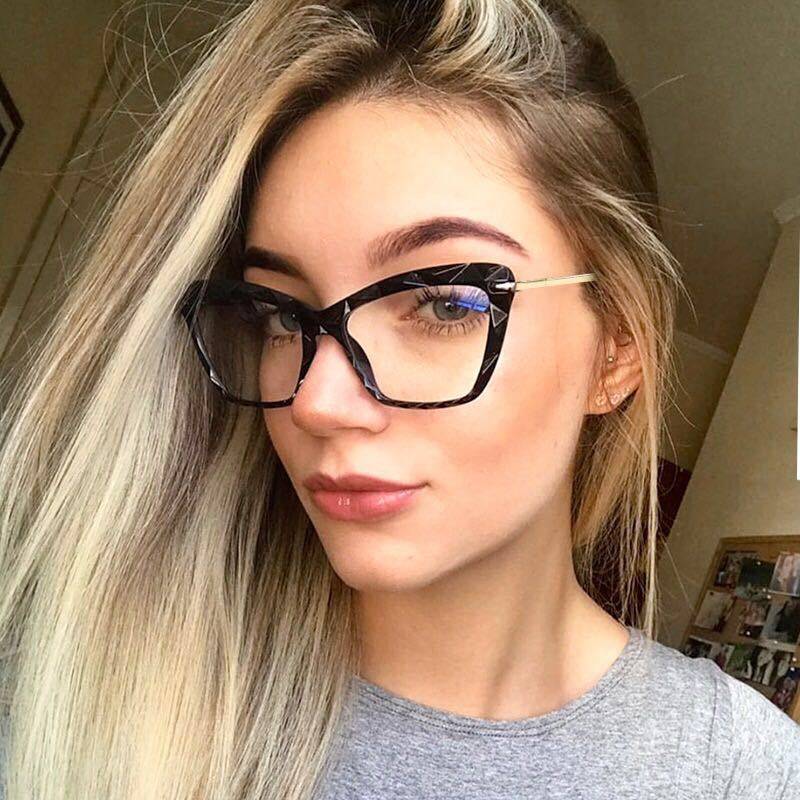 Cross-border European and American Transparent Multi-faceted Crystal Glasses Frame New Cat's Eye Street Photoshoot Women's Flat Anti-blue Glasses
