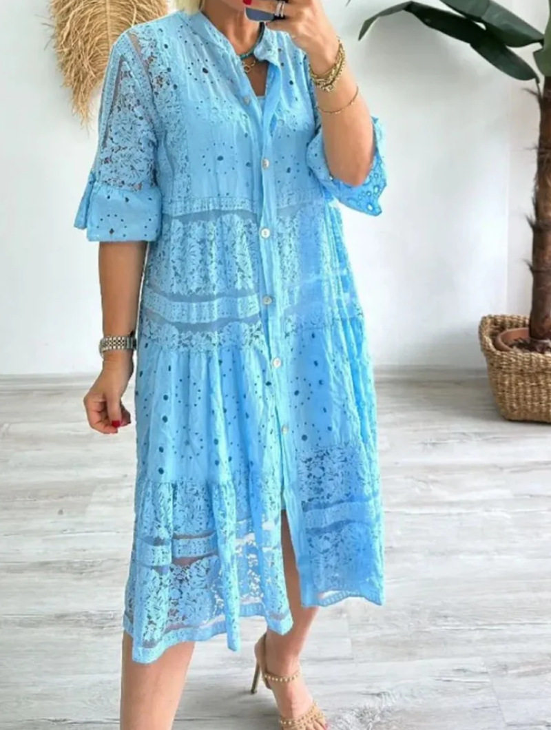 Summer Womens Dress Solid Color V Neck Button Detail Lace Insert Casual or Party Wear Wholesale Available