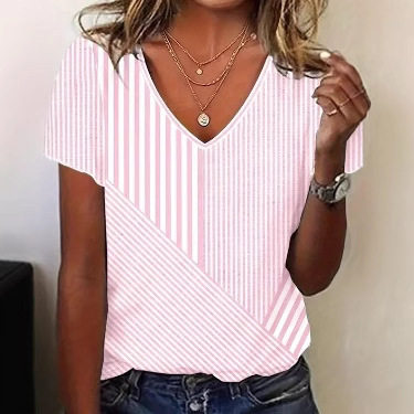 Womens Summer V Neck Short Sleeve Striped Top Trendy Floral Print Versatile Casual Wear Wholesale Available