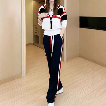 Autumn and Winter Fashion Hooded Zipper Cardigan Sweatshirt Contrasting Color Suit Women's Casual Loose Slimming Look Pants Sports Two-Piece Set