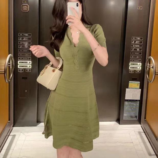 Summer Knitted Dress Slim Fit Wave V Neck Hollow Out Design Elegant Evening Wear Wholesale Available