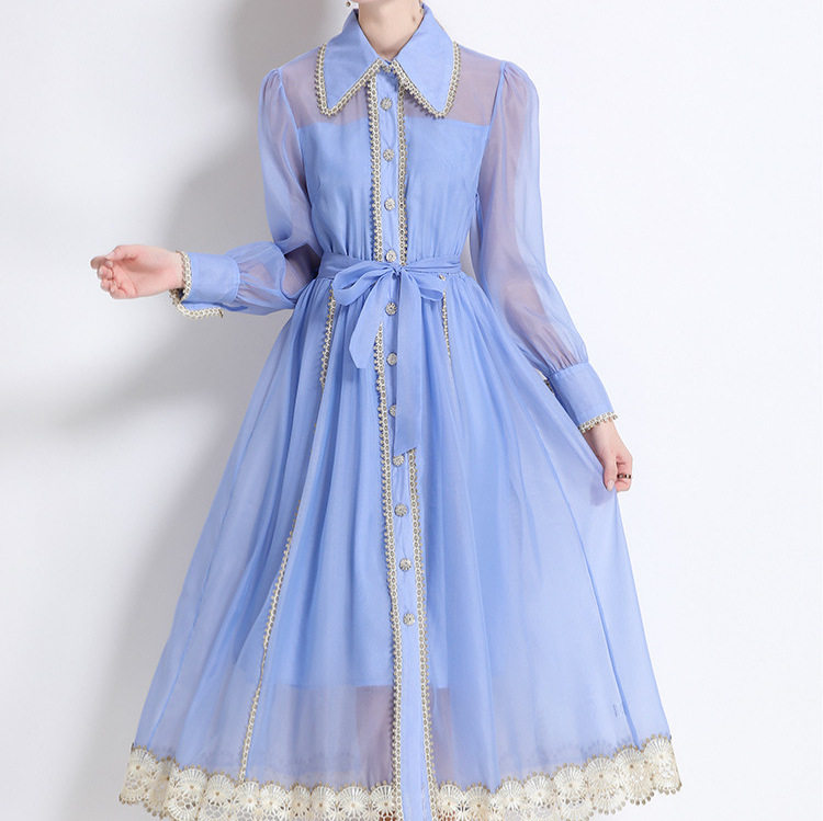 French Elegant Lace Panel Lantern Sleeve Dress Hollow Out Single Breasted Waist Defining Perfect for Formal Occasions