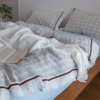 Korean Style Princess Style Cotton Seersucker Lacy Four-Piece Set Striped Retro Skin-Friendly Soft Waxy Quilt Cover Bed Sheet Bedding