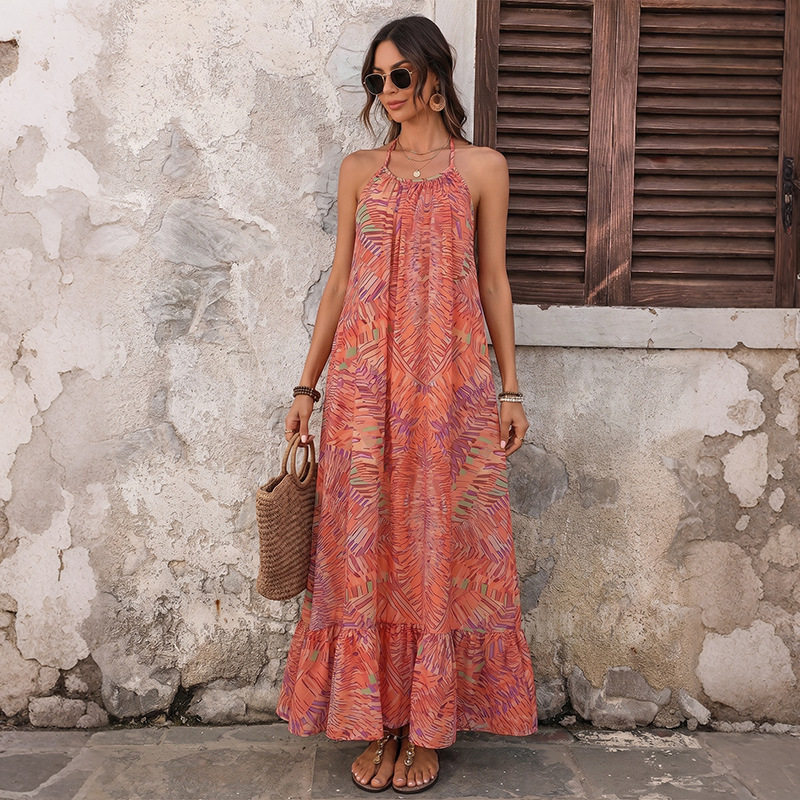 Bohemian Floral Print Backless Maxi Dress Relaxed Fit Halter Neck Lightweight Fabric Perfect for Vacations