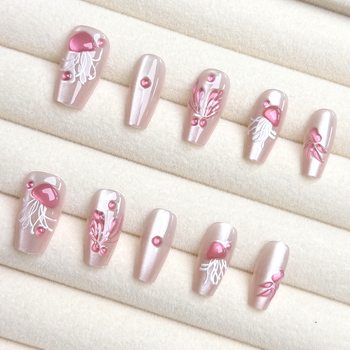 Pink Jellyfish Three-Dimensional Cute Korean Girl's Heart Wearing Armor Ins Pure Nail Art Patch Elegant Sweet Cat's Eye