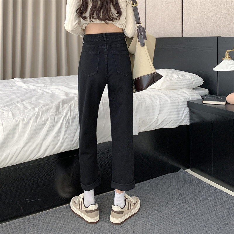 High Waisted Straight Leg Jeans for Women Loose Fit Slimming Black Color Spring and Autumn Style Wholesale Available