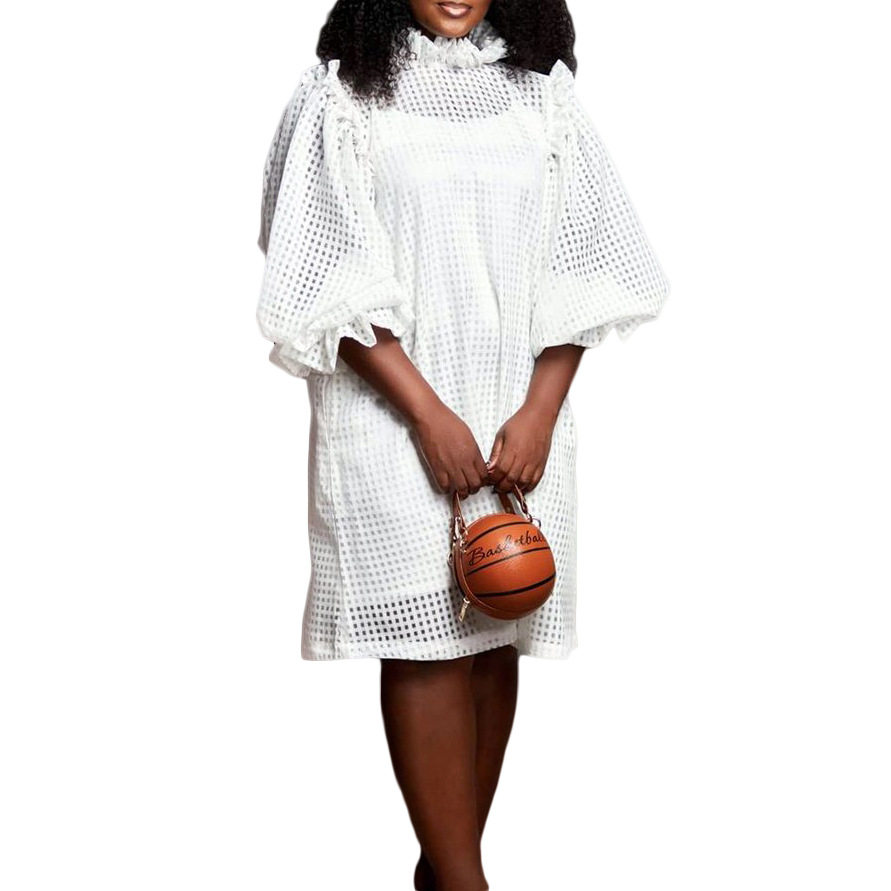 Hollow Out Puff Sleeve Two Piece Dress Solid Color Elegant Design Suitable for Fall Wholesale Available