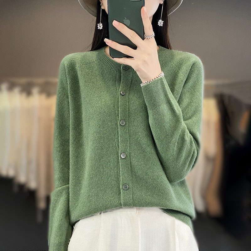 美丽诺纯羊毛开衫女一线成衣无缝一体金银丝外套针织长袖外搭毛衣