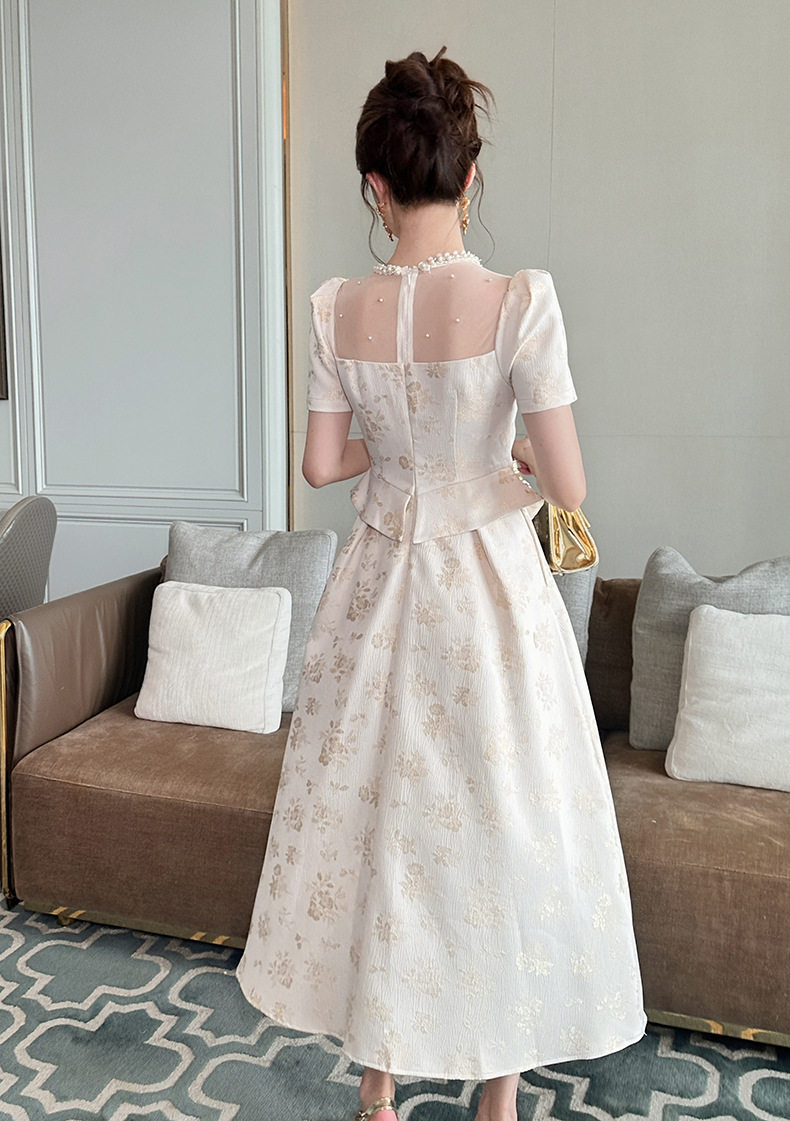 Đầm maxi nữ oversize tay ngắn cổ tròn họa tiết hoa nhí phong cách Pháp — [Màu hồng đào] chi tiết 9