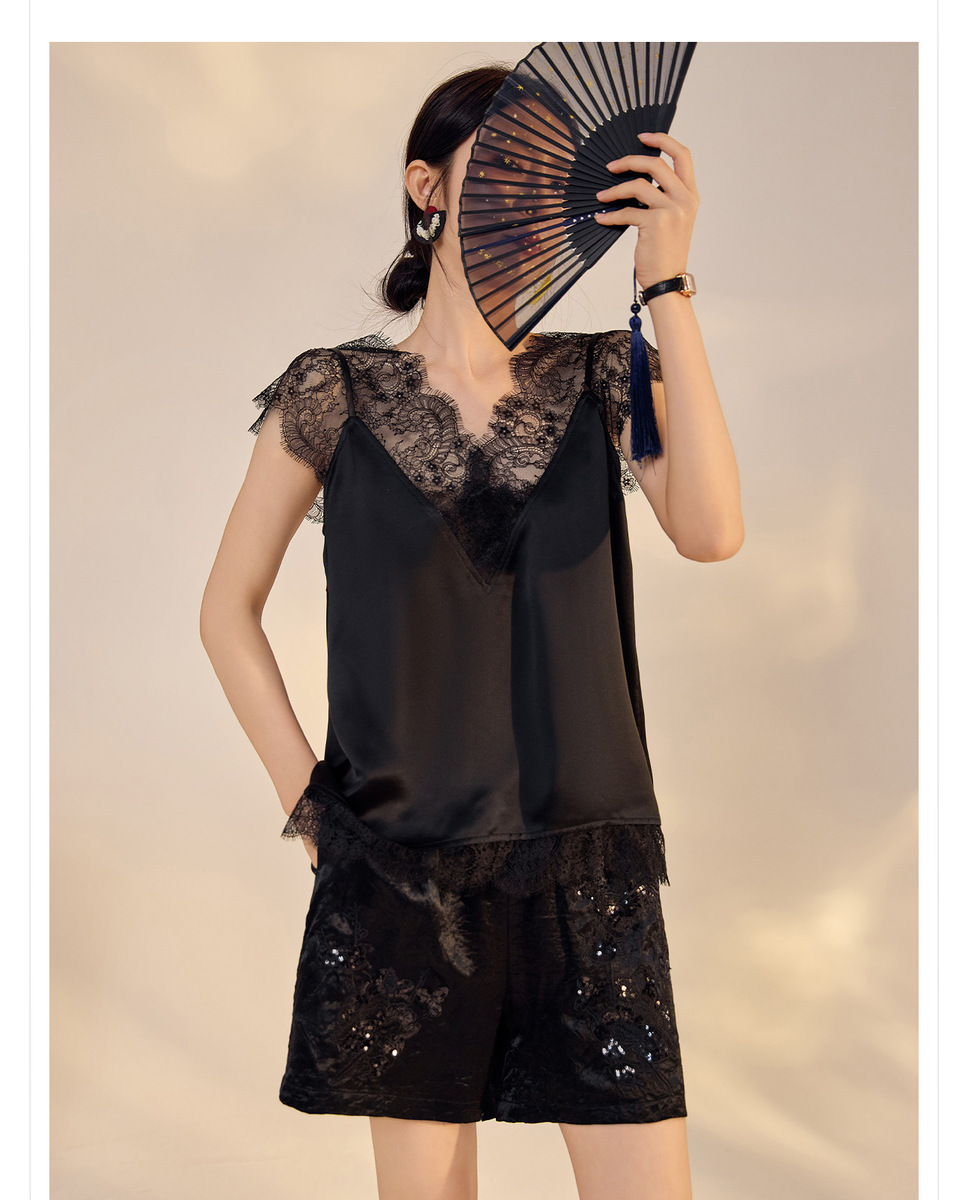 Áo hai dây nữ ren gợi cảm lưng trần dáng dài — Đen Obsidian (Tóc 7 ngày), Màu đen Obsidian (phát hành cùng ngày), Màu trắng ngà (giao hàng trong 7 ngày), Màu trắng ngà (tóc cùng ngày)