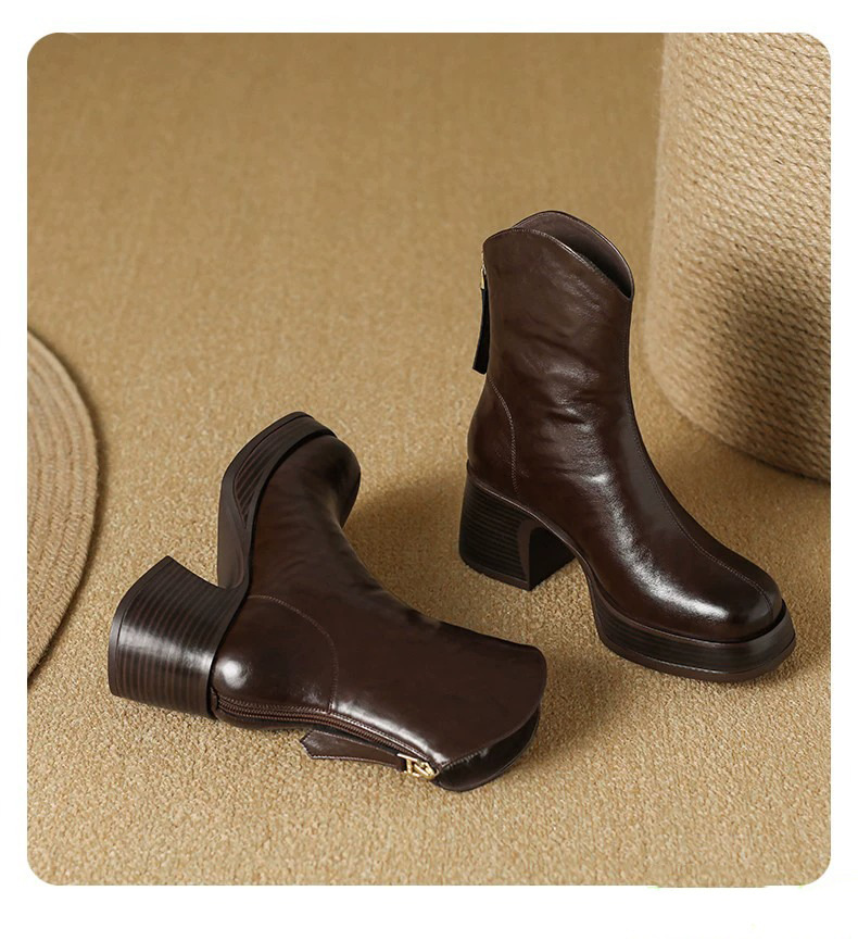 Boot nữ cổ thấp gót thô phong cách thời trang thanh lịch — Màu đen, Màu nâu