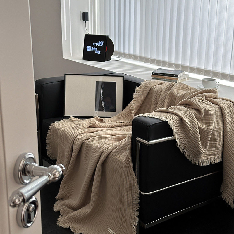 Pure Cotton Maillard color gauze blanket pure cotton tassel light luxury simple lunch break blanket class A air conditioning towel quilt
