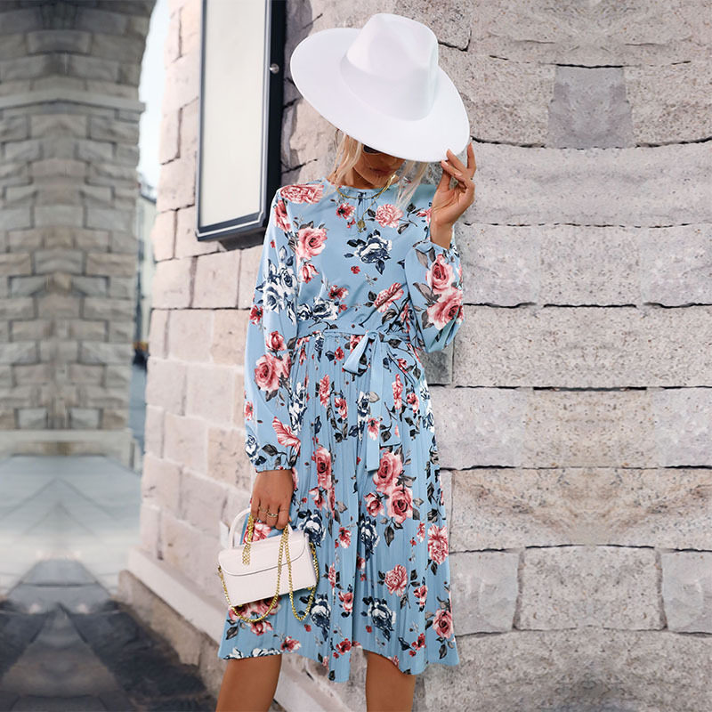 Floral Print Long Sleeve Dress Blue Pleated Round Neck Autumn Winter Fashion Wholesale Available