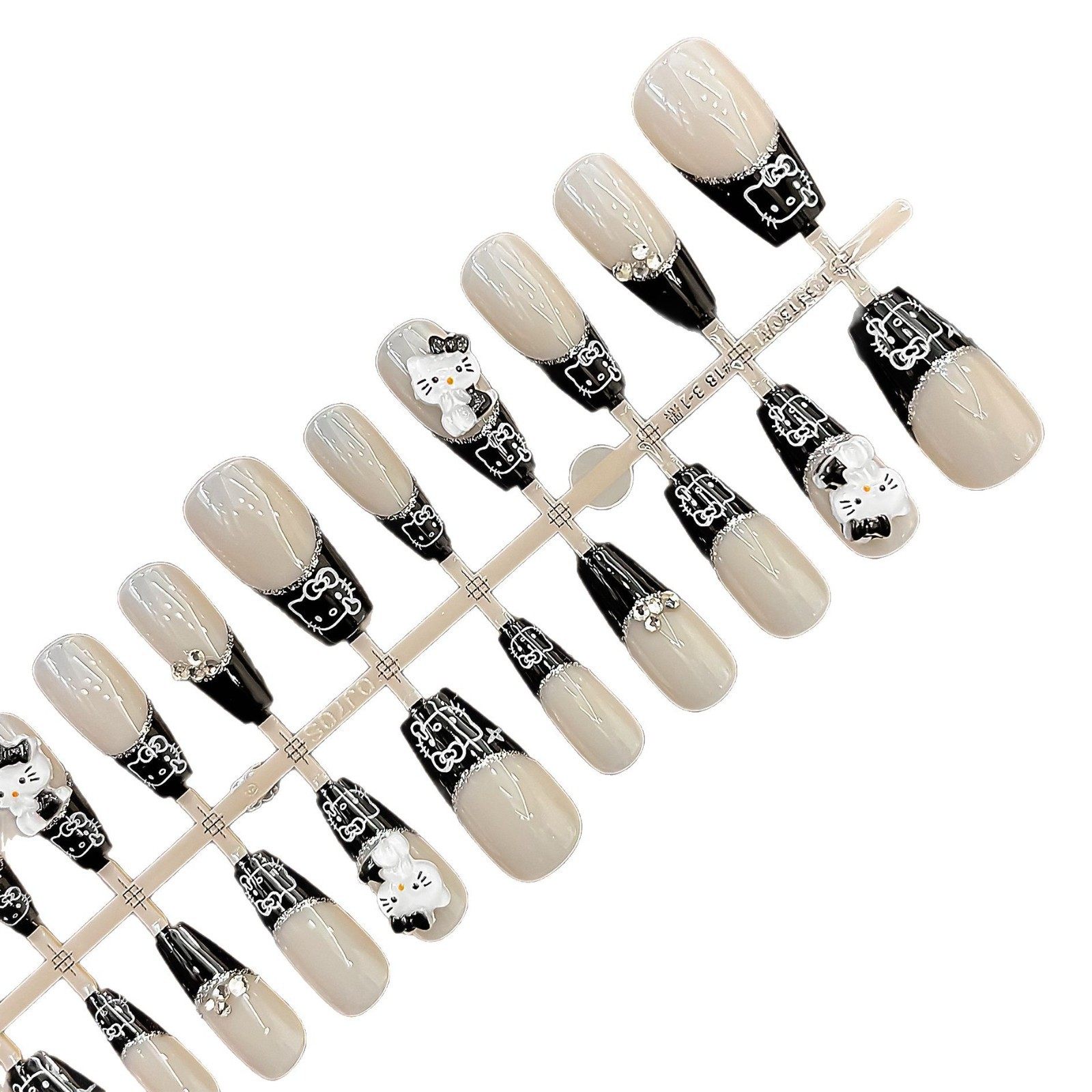 Mid-Length Rhinestone Press-On Nails with Painted Bowknot Nail Art, Sweet Girl Style Fake Nails, Elegant Nail Pieces with Dazzling Sparkle