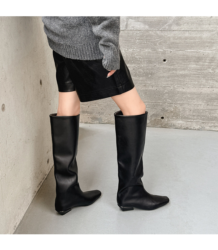 Boot cao cổ nữ da bò mũi vuông gót thấp phong cách thanh lịch — màu đen, Màu đỏ rượu