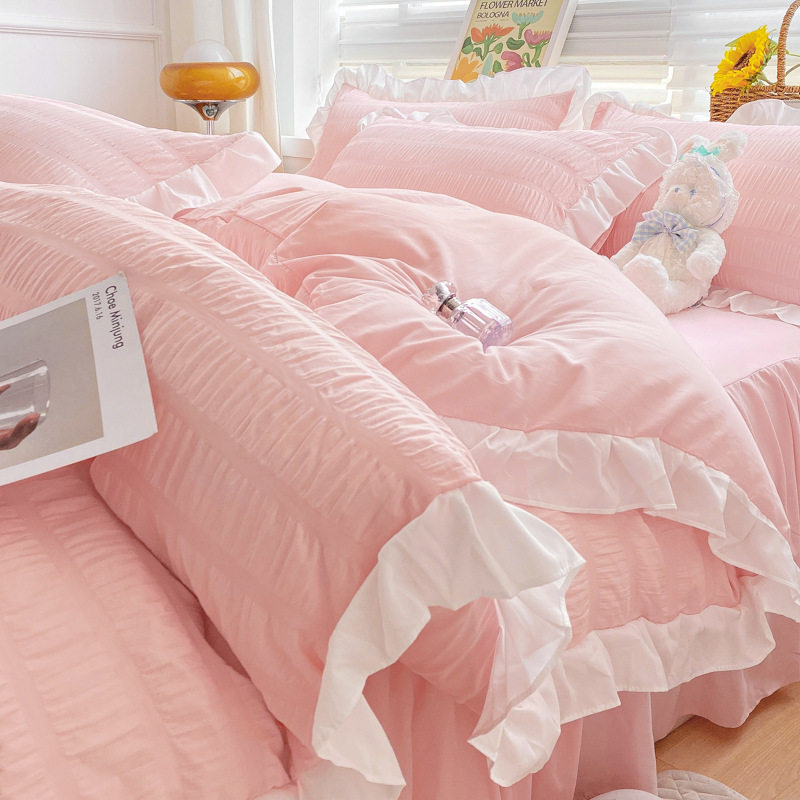 Spring and Summer Korean Princess Style Four-piece Set White Seersucker Lace Bed Sheet Quilt Cover Washed Cotton Bed Skirt Solid Color Three-piece Set