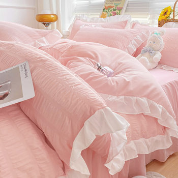 Spring and Summer Korean Princess Style Four-piece Set White Seersucker Lace Bed Sheet Quilt Cover Washed Cotton Bed Skirt Solid Color Three-piece Set