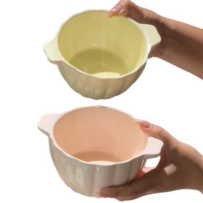 Ceramic Baby Binaural Bowl Rice Bowl Cream Fruit Breakfast Salad Bowl Air Fryer Microwave Oven