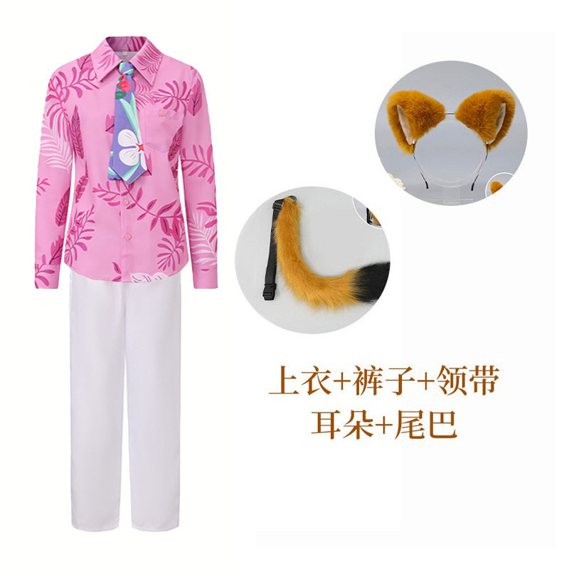 ピンクの長袖パンツスーツ (トップ + パンツ + ネクタイ + カチューシャ + テール))