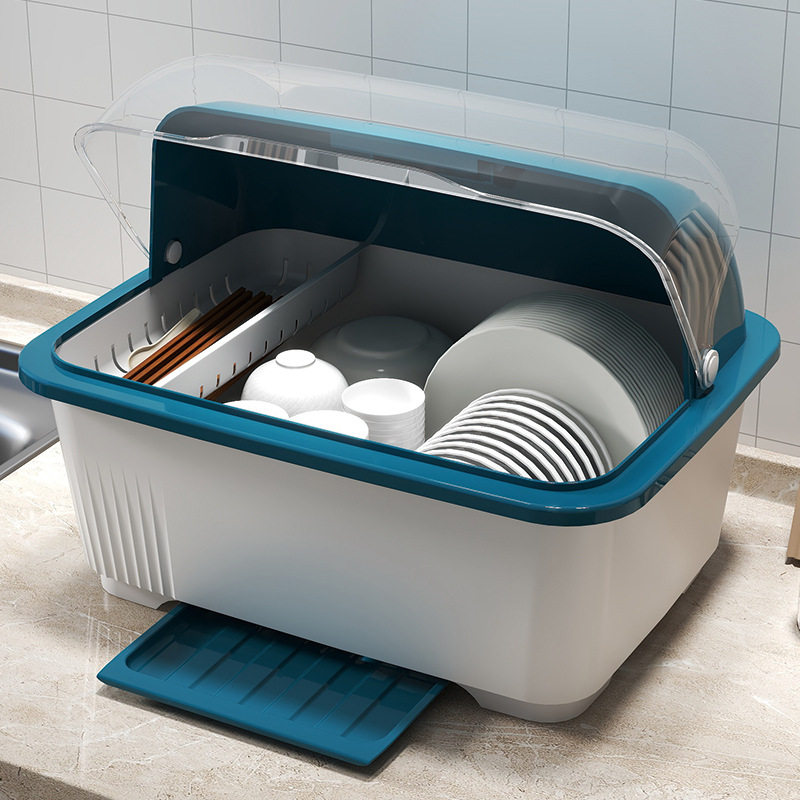 Kitchen Dish Storage Rack with Lid Dustproof Draining Storage Box Household Dish Storage Cupboard Tableware Draining Rack