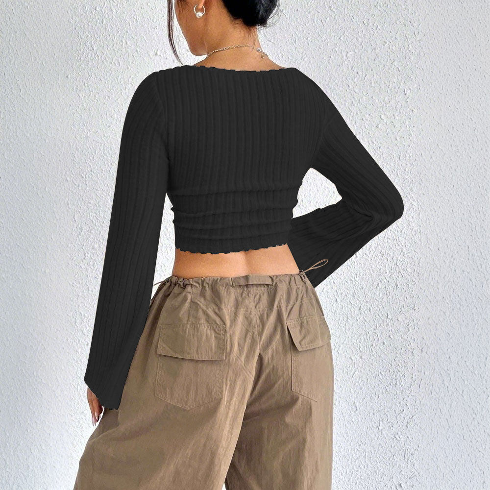 Fashionable Elegant Womens T Shirt Square Neck Flared Long Sleeves Spring Summer Style Wholesale Available