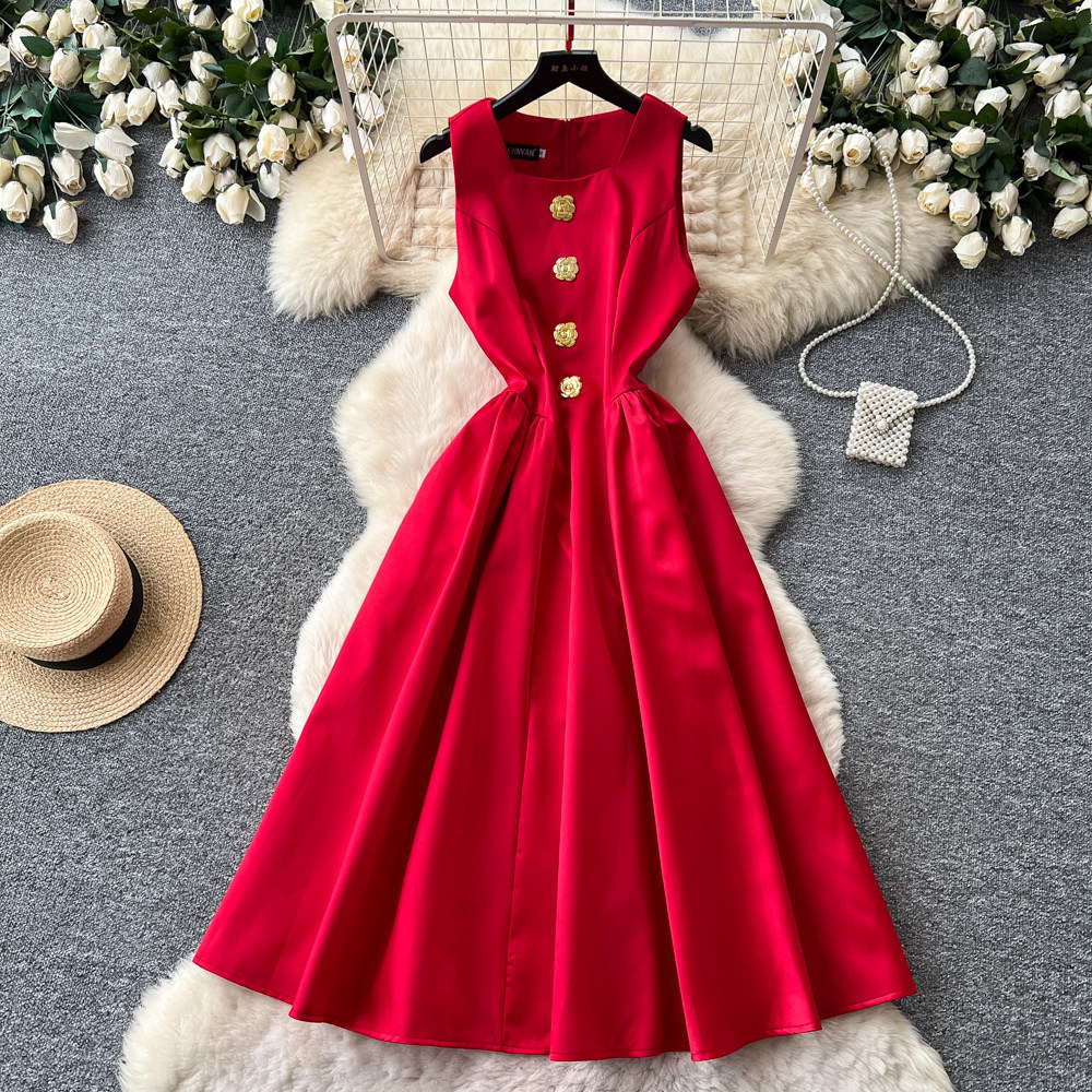 Red Sleeveless A Line Dress for Women Elegant Lightweight Fabric Waist Defining Metal Buckle Detail Summer Casual