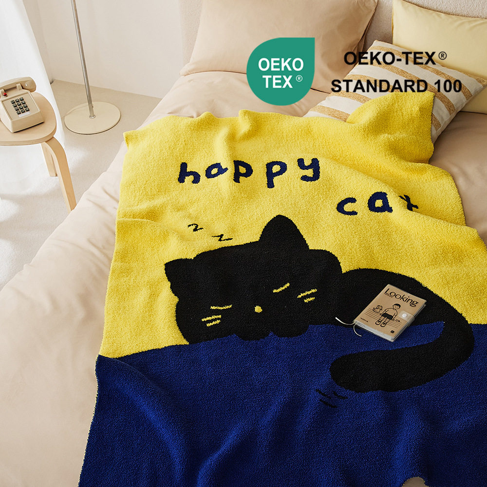 New Illustration Cartoon Sleeping Cat Half Velvet Blanket Home Leisure Blanket Office Lunch Blanket Contrasting Color Blanket