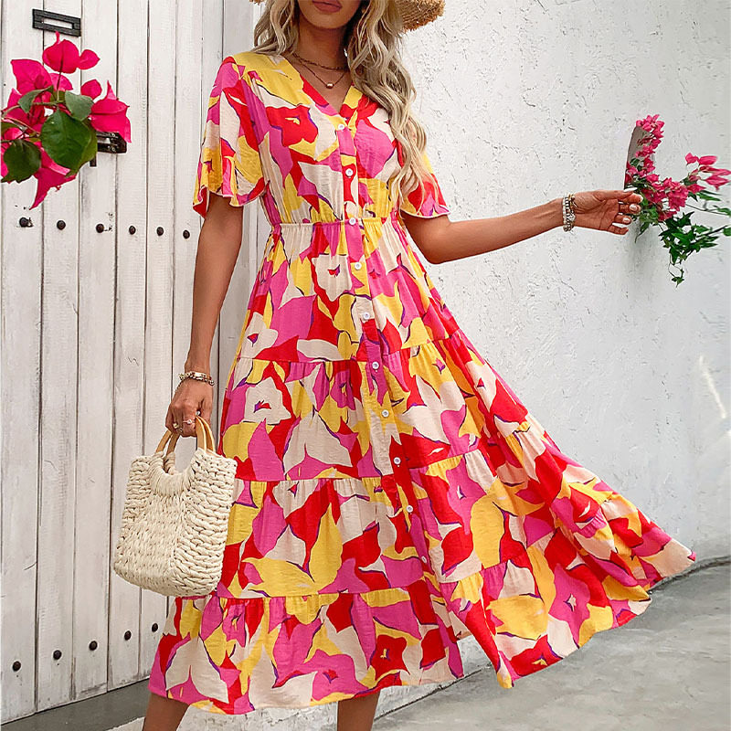 Abstract Print Ruffled Sleeve Cardigan Dress Vibrant Romantic Casual Style Perfect for Spring Summer Events