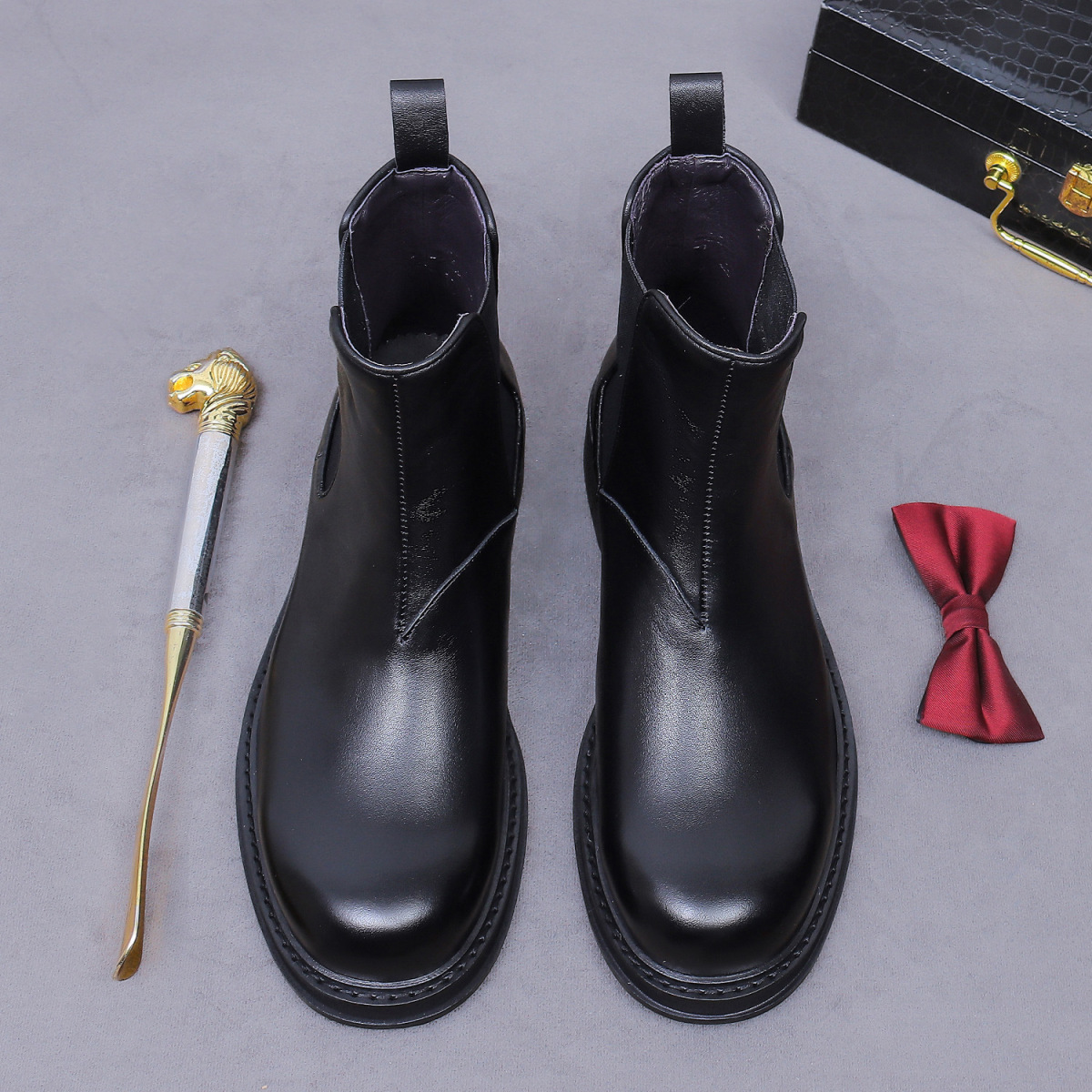 Giày boot Chelsea nam da bò thật cổ thấp đế dày phong cách công sở — đen