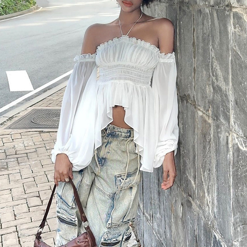 Off Shoulder Ruffled Blouse Slim Fit Lantern Sleeves Wrinkled Fabric Spring Fashion Wholesale Available