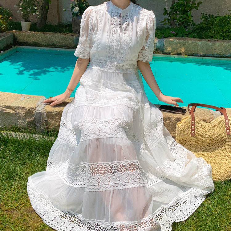 French Elegant Lace Patchwork Dress Summer Long Dress with Puff Sleeves Vacation Wear for Women OEM Available