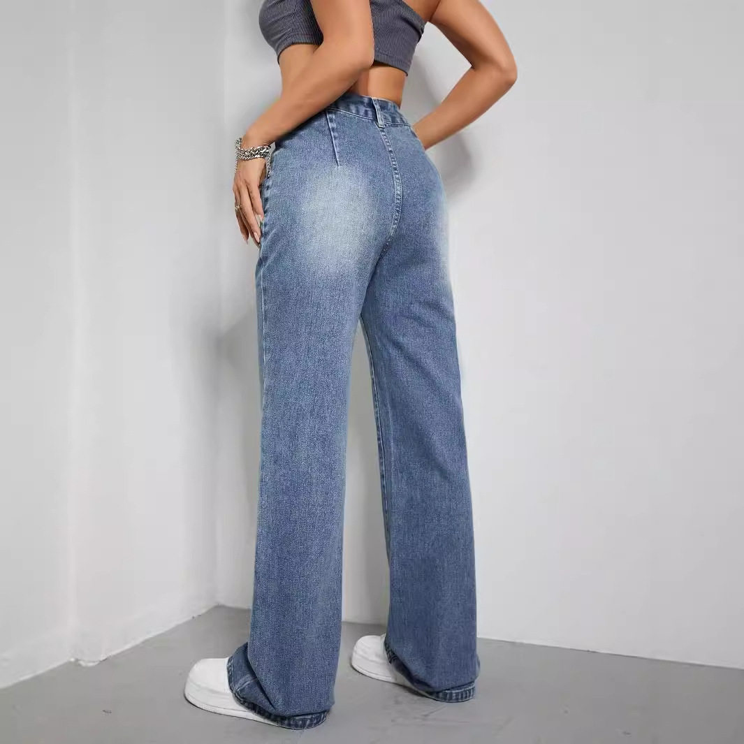 High Waisted Denim Trousers Casual Chic Style Versatile Fit European and American Fashion Wholesale Available