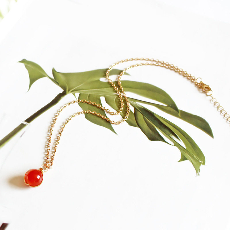 European and American Cross-Border Supply Natural Crystal Red Agate Stainless Steel Necklace Aquamarine Beads Wrapped Around Silk Pendant Jewelry