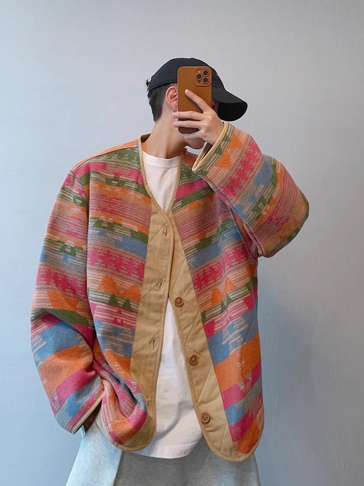 New autumn American retro loose ethnic style hit color stripes V-neck button rainbow jacket coat men and women