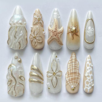 Cross-Border Popular Beach 3D Starfish Mermaid Beads Wearable Nails Ocean Style Almond-Shaped Manicure Nails Wholesale