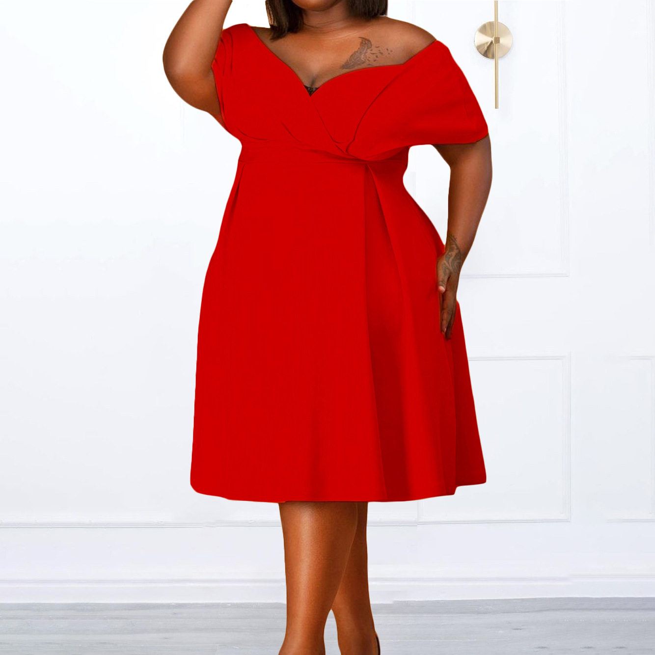 Summer Womens Dress Short Sleeve V Neck Solid Color Plus Size Off Shoulder Casual or Party Wear Wholesale
