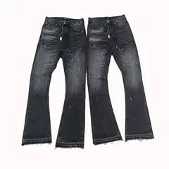 Cross border FAR curved knife washed black gray micro trumpet style splashed ink jeans cleanfit style black in stock long
