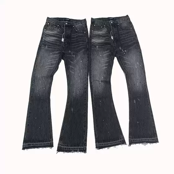 Cross border FAR curved knife washed black gray micro trumpet style splashed ink jeans cleanfit style black in stock long