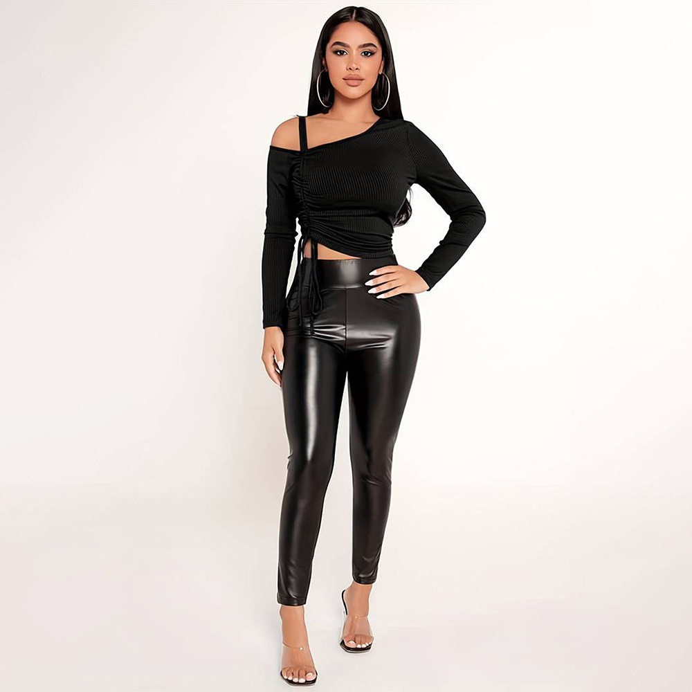 Womens Trendy Spring Summer T Shirt Off Shoulder Slim Fit Solid Color Asymmetrical Neckline Casual Wear