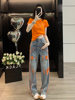 Street-Style Short-Sleeved T-Shirt Fashion Suit for Women Summer New Slim-Fitting Short Fashionable Jeans Orange Edge Two-Piece Set