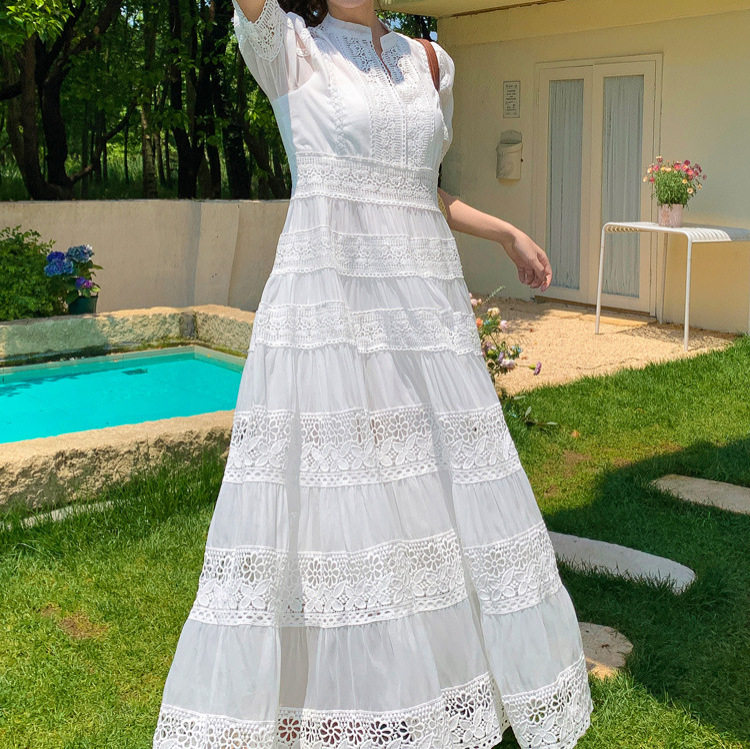 French Elegant Lace Patchwork Dress Summer Long Dress with Puff Sleeves Vacation Wear for Women OEM Available