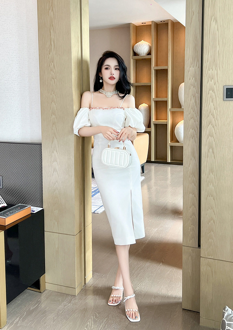 Đầm ôm body nữ cổ yếm tay ngắn xẻ tà trắng — [Trắng], [Vàng] chi tiết 11