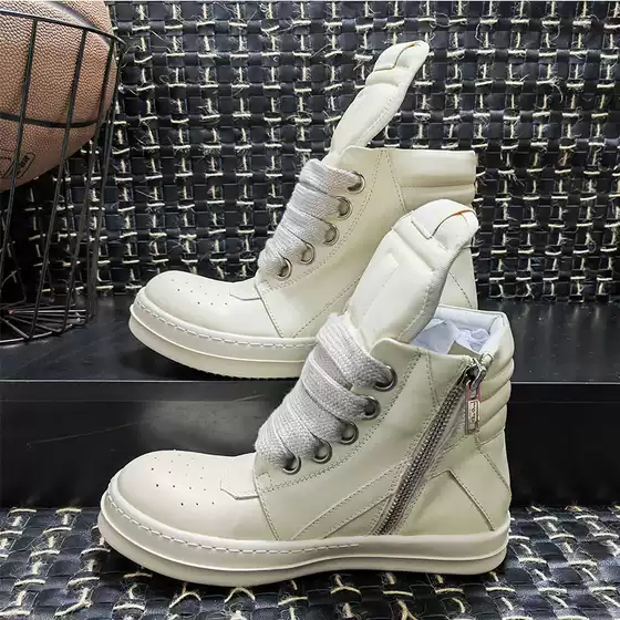 Guangzhou Ro European and American Trendyy Short Boots Cowhide Inverted Triangle Casual Versatile Black and White Stylish Increased Wide Shoelaces Couple Style