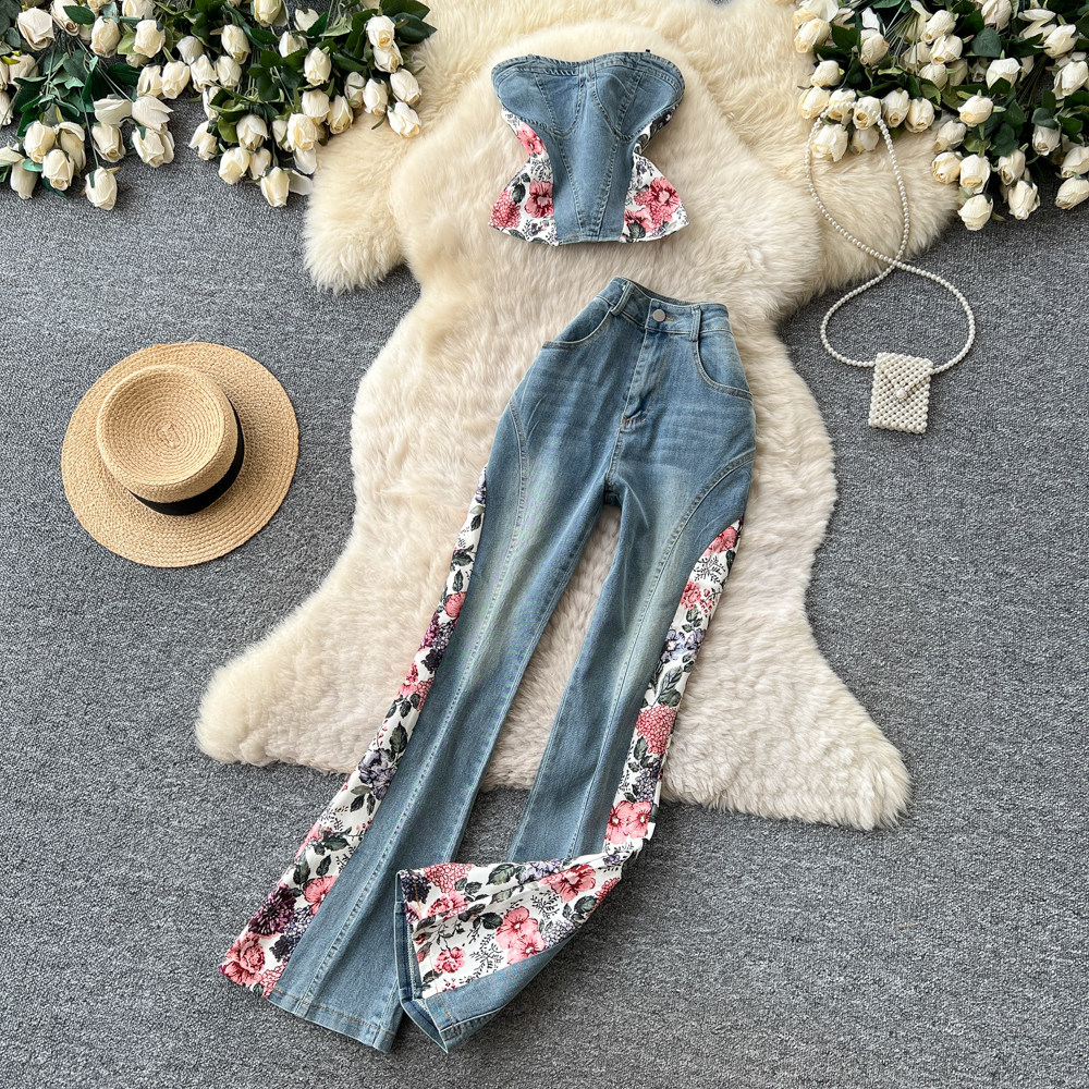 Vintage Floral Embroidered Denim Pants for Women Slim Fit Summer Style Two Piece Set Fashionable and Elegant Outfit